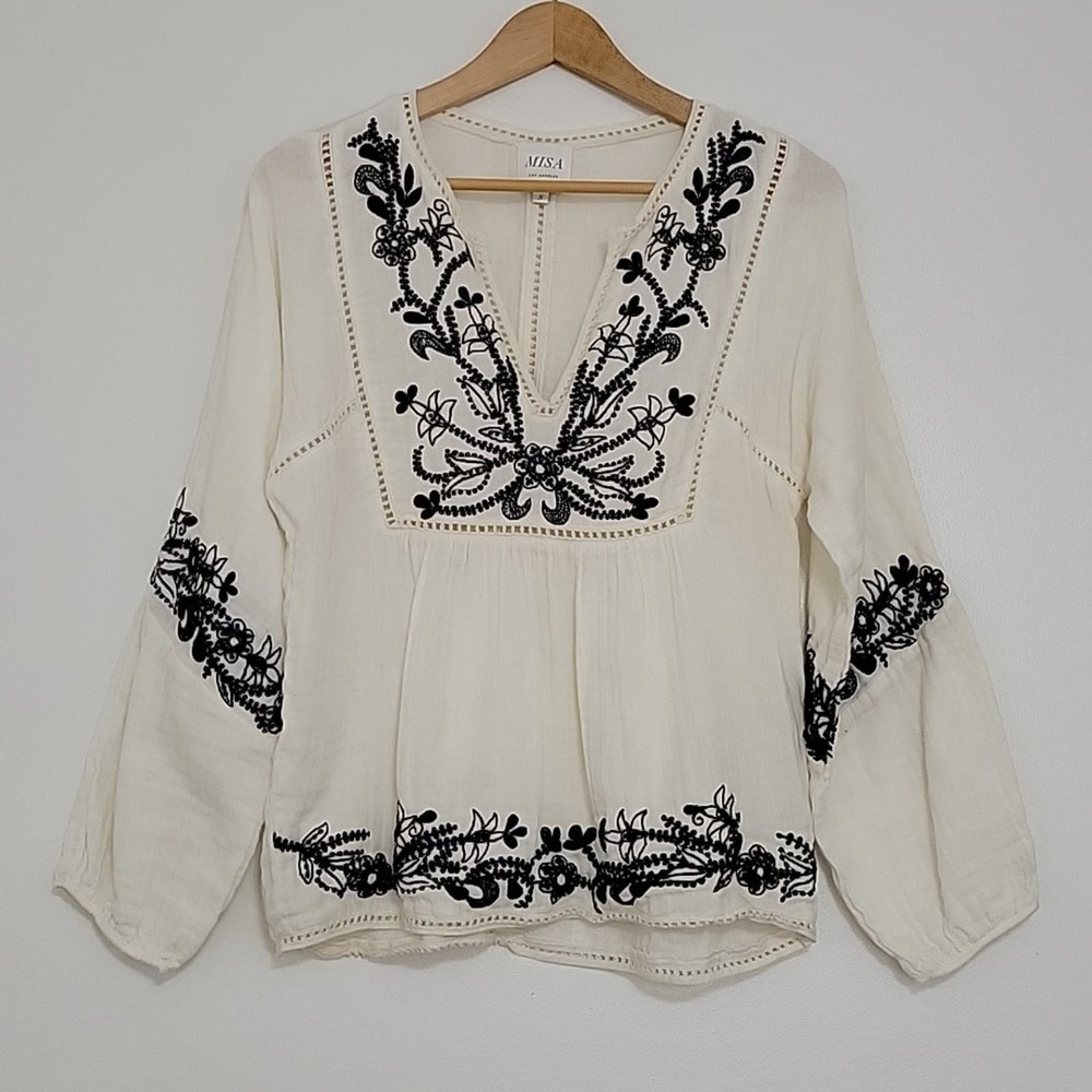 Misa Los Angeles Cream Peasant Blouse with Black Embroidery